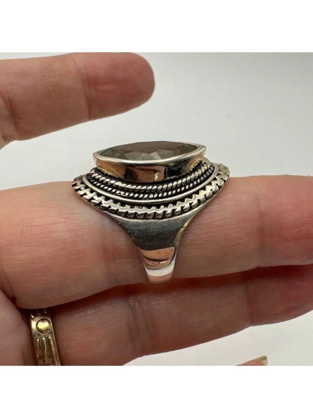 Marquise Pale Green Quartz Bezel Set Sterling Silver Statement Ring Size 7.75